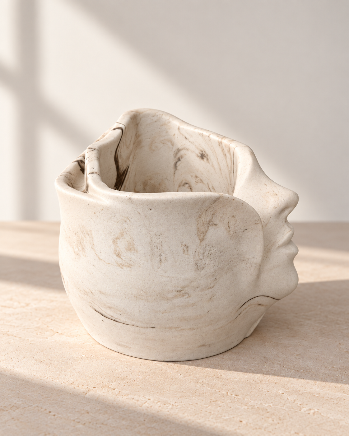 Pot décoratif visage en jesmonite – blanc marbré beige