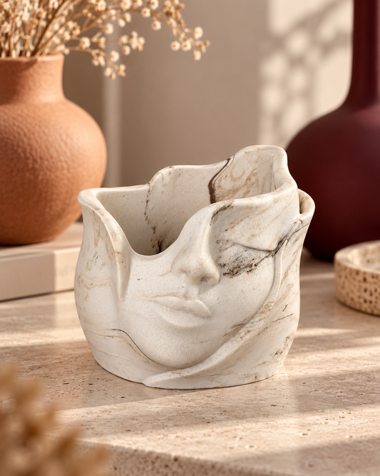 Pot décoratif visage en jesmonite – blanc marbré beige