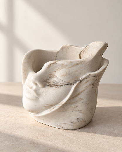 Pot décoratif visage en jesmonite – blanc marbré beige