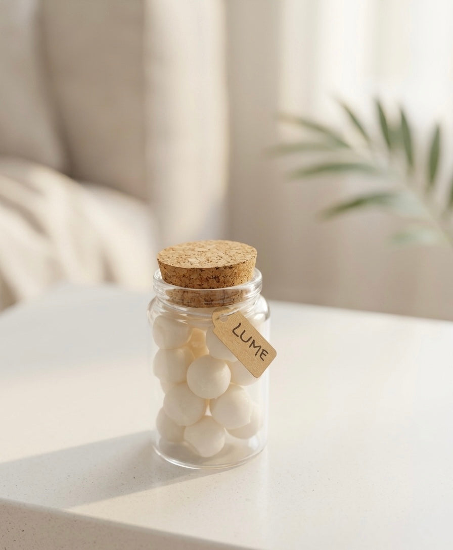 Coffret de fondants parfumés présenté dans un petit pot en verre avec bouchon en liège, billes de cire blanches au style minimaliste